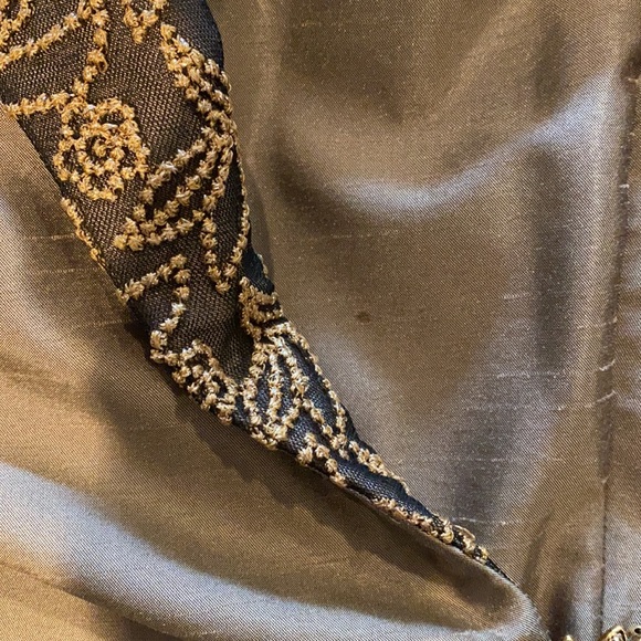 Cachet Gold 2 piece long dress with embroidered netting collar and sleeves